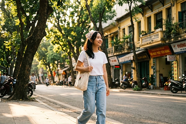 Cô gái đeo băng đô hoa đi dạo phố cuối tuần